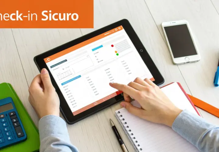 Mano che interagisce con un tablet mostrando dati, forse un **codice MRZ**, accanto a smartphone, calcolatrice e quaderno.