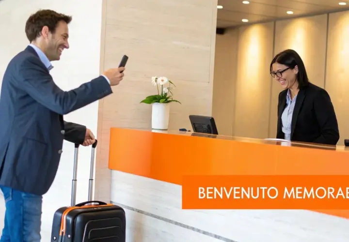 Uomo con valigia fa check-in express, sorridendo alla receptionist. Un benvenuto memorabile.