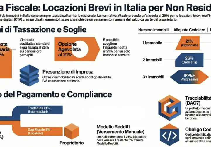 Guida fiscale per locazioni brevi: aliquota ordinaria 26%, opzione agevolata 21%. La tassa di soggiorno affitti brevi è gestita da piattaforme digitali.