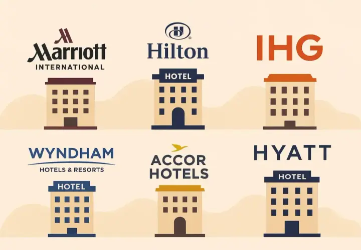 Loghi di catene hotel USA: Marriott, Hilton, IHG, Wyndham, Accor, Hyatt. Icone di hotel stilizzate.
