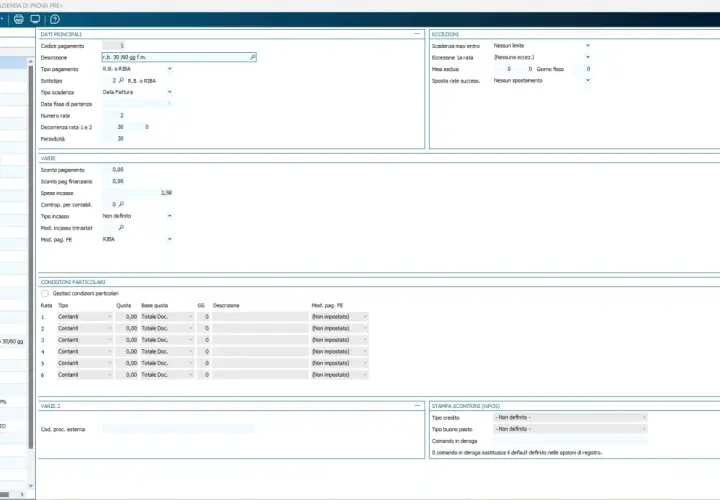 Interfaccia software per la gestione delle forme di pagamento, con dettagli su codici, descrizioni e condizioni particolari. La rimessa diretta è una delle opzioni disponibili.