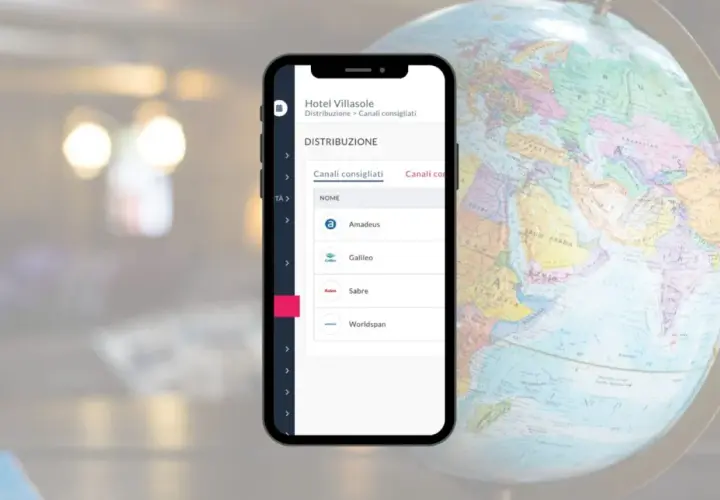 Smartphone mostra canali di distribuzione per Hotel Villasole, inclusi Amadeus e Galileo, nel settore GDS.