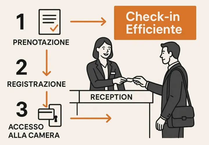Schema di un efficiente check-in in hotel: 1. Prenotazione, 2. Registrazione alla reception, 3. Accesso alla camera.