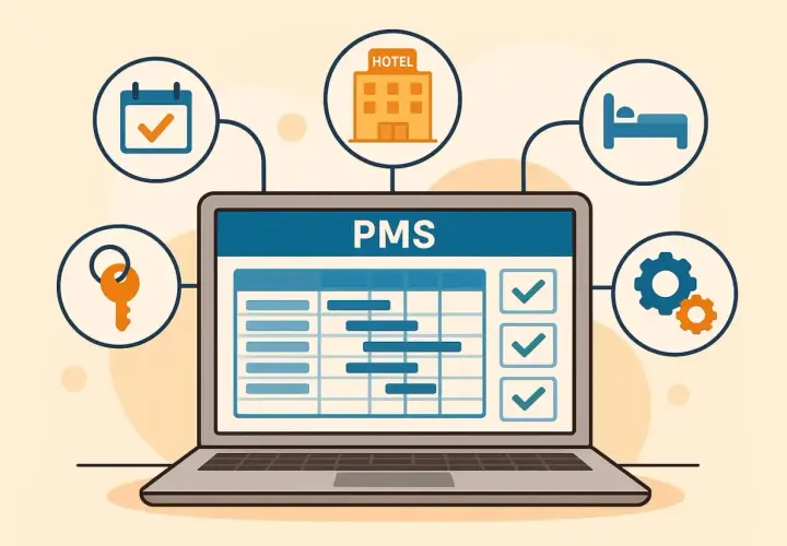 Il significato di PMS: un laptop mostra un programma con icone di hotel, letto, calendario, chiave e ingranaggi, che simboleggiano la gestione alberghiera.
