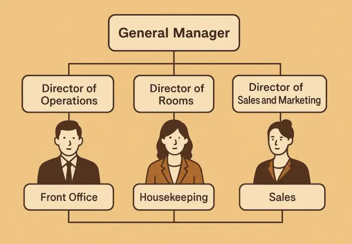 Organigramma di un hotel: General Manager, Direttori Operazioni, Camere, Vendite e Marketing, con ruoli di Front Office, Housekeeping e Sales.