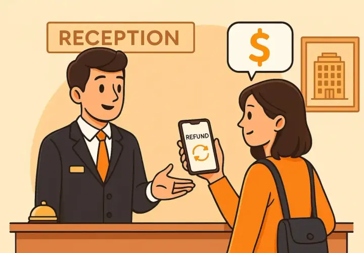 Alla reception dell'hotel, una cliente mostra il telefono con la scritta "REFUND" e un simbolo di rimborso, mentre il receptionist indica il denaro.