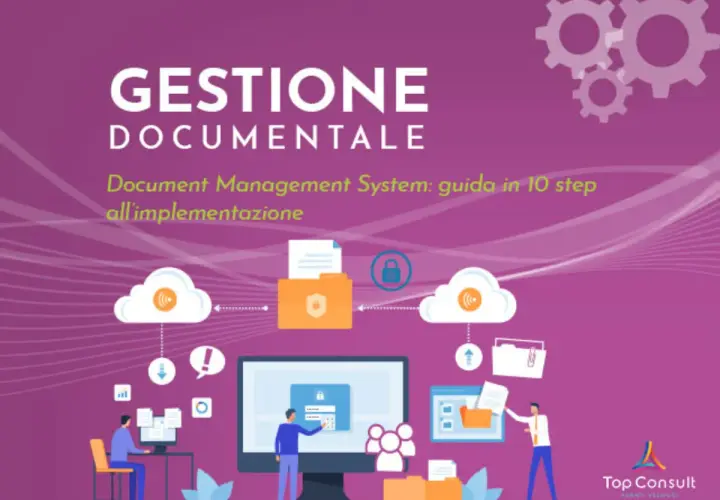 Guida all'implementazione di un document management system: icone di cloud, cartelle e persone che lavorano.