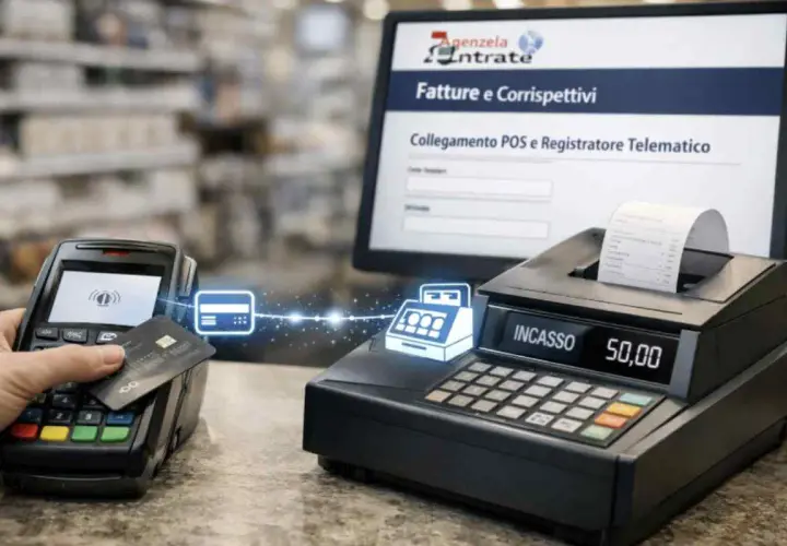 Pagamento con carta su un terminale POS, collegato a un registratore di cassa. L'obbligo POS è una realtà per semplificare le transazioni.