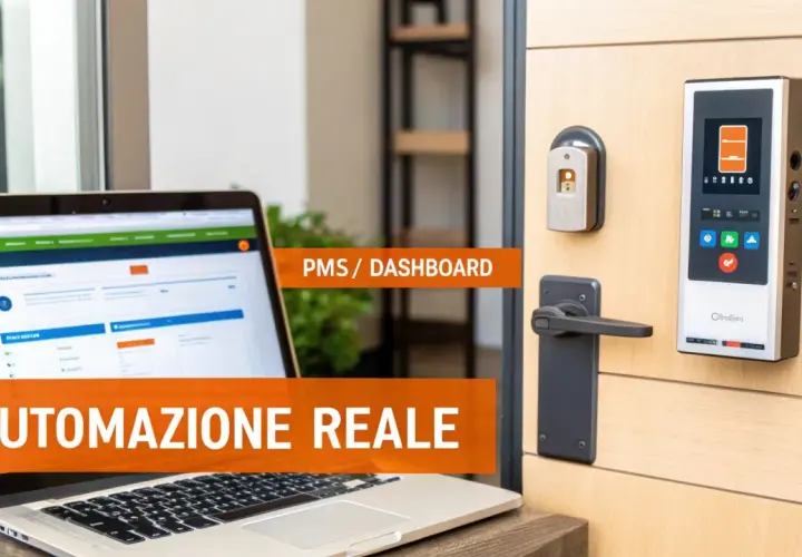 Laptop con dashboard PMS e serratura smart per self check-in Airbnb.