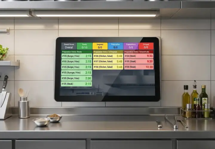 Un moderno kitchen monitor mostra lo stato degli ordini: pronti, in corso e in ritardo, con dettagli sui piatti e tempi di preparazione.