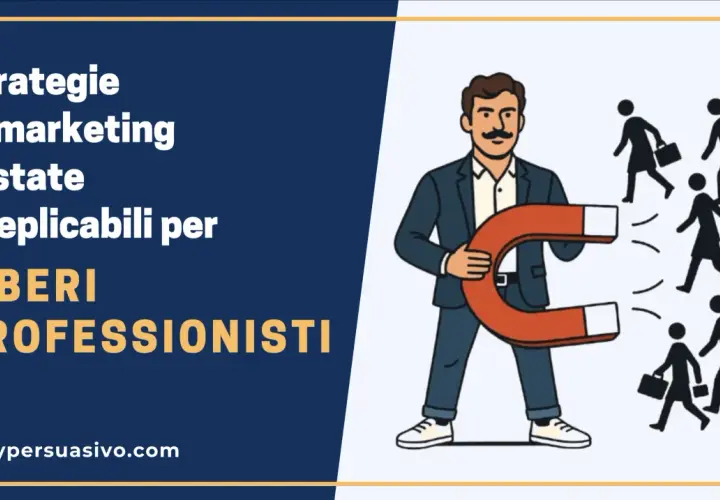 Uomo con magnete attira clienti, dimostrando strategie di marketing personalizzato per liberi professionisti.