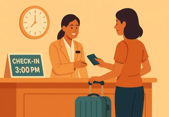 Ricezione hotel: la receptionist sorride mentre consegna una chiave a un ospite con una valigia. Il cartello indica "CHECK-IN 3:00 PM".