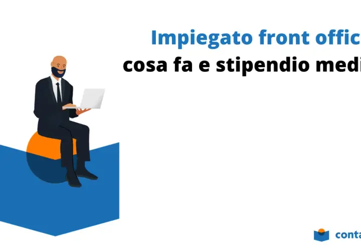 Un addetto al front office con laptop seduto su un grafico. Titolo: "Impiegato front office: cosa fa e stipendio medio".