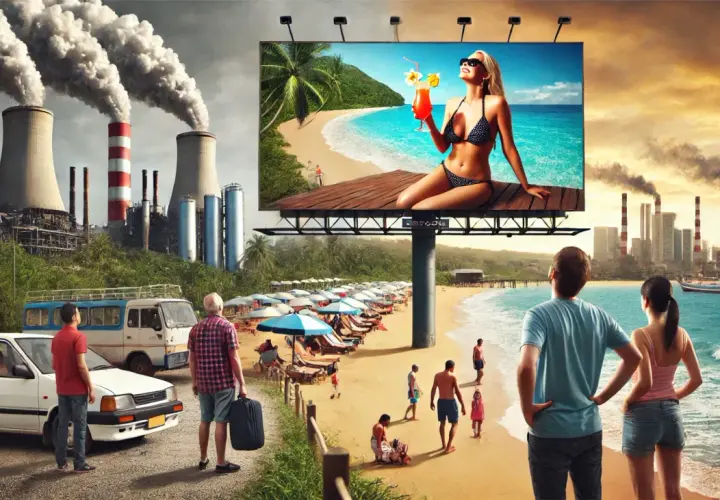 Contrasto tra un paradiso tropicale pubblicizzato e un paesaggio industriale inquinato, un esempio di marketing turistico che nasconde la realtà.
