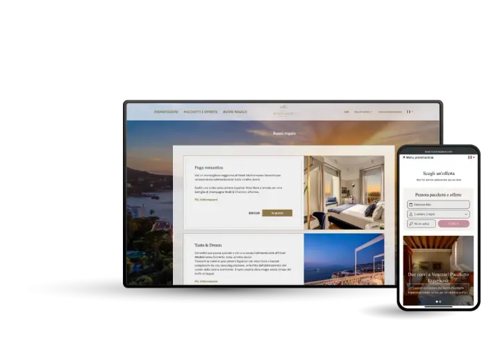 Interfaccia di un booking engine con offerte speciali e pacchetti regalo per soggiorni in hotel.
