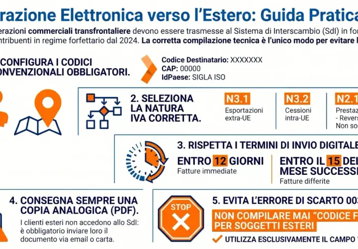 Guida alla fatturazione elettronica estera: configurazione codici, natura IVA, termini di invio, consegna analogica e gestione codici fiscali per evitare scarti.