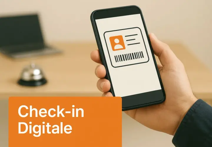 Smartphone con badge digitale e testo "Check-in Digitale". Scopri self check-in Airbnb come funziona per un arrivo senza pensieri.