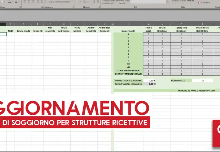 Foglio di calcolo per calcolare come pagare la tassa di soggiorno al comune. Mostra notti, ospiti e importi.