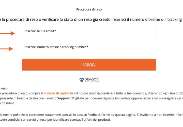 Pagina per avviare la procedura di reso o verificare lo stato di un reso. Inserisci email e numero d'ordine/tracking per procedere. Un utile scontrino cortesia per ogni informazione.