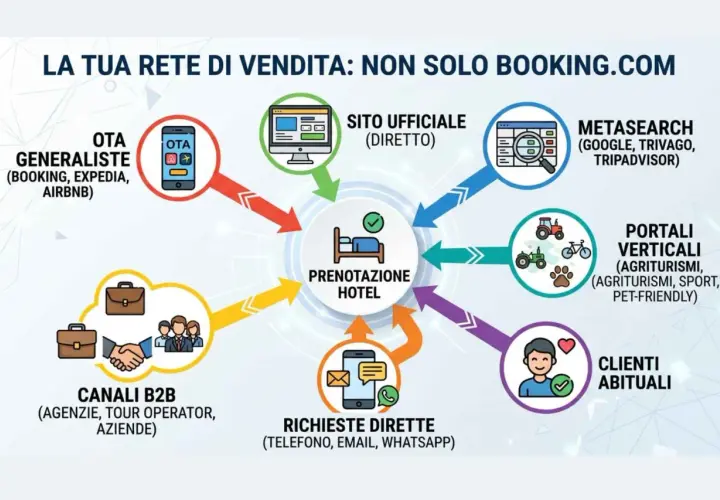 Schema del marketing alberghiero: OTA, sito ufficiale, metasearch, portali verticali, B2B, richieste dirette e clienti abituali confluiscono nella prenotazione hotel.