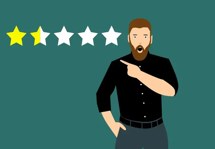 Uomo scioccato indica due stelle gialle su cinque, simbolo di recensioni negative hotel.