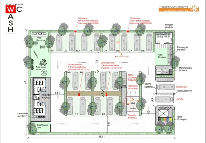 Planimetria di un'area camper con piazzole, servizi igienici, area giochi, barbecue, noleggio biciclette e reception. Le strutture ricettive di mero supporto sono ben integrate nel progetto.