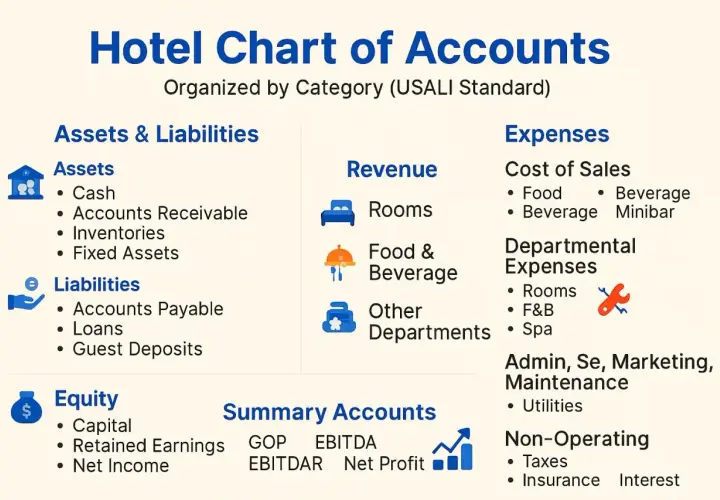 Schema del piano dei conti di un hotel, con categorie come Attività, Passività, Ricavi, Costi e Spese.