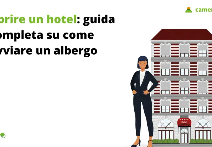 Guida completa per avviare un hotel. Una donna in giacca e pantaloni posa davanti a un edificio che rappresenta un'attività alberghiera.