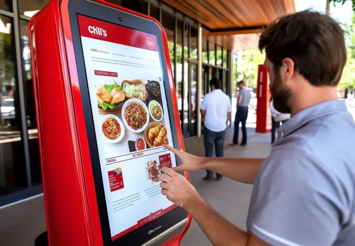 Uomo usa un self ordering kiosk rosso per ordinare cibo da Chili's, con immagini di piatti sul touchscreen.