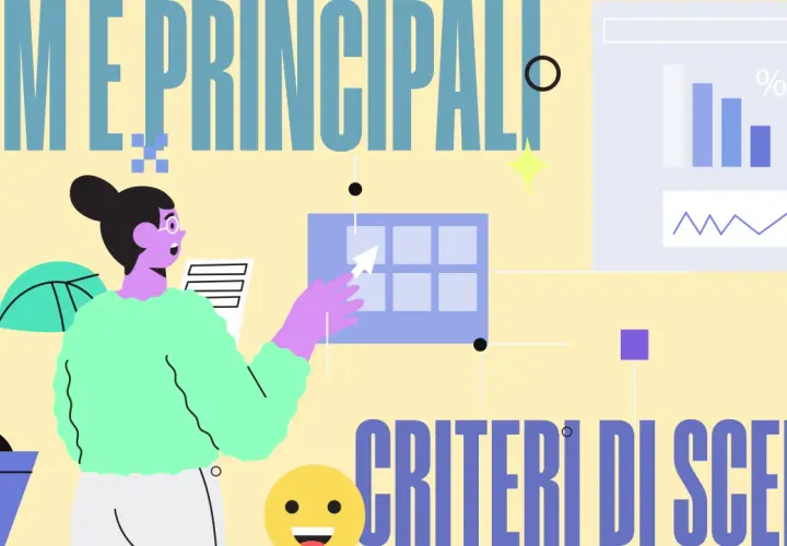 La figura illustra il significato di CRM, con grafici e una persona che analizza dati per definire i criteri di scelta.