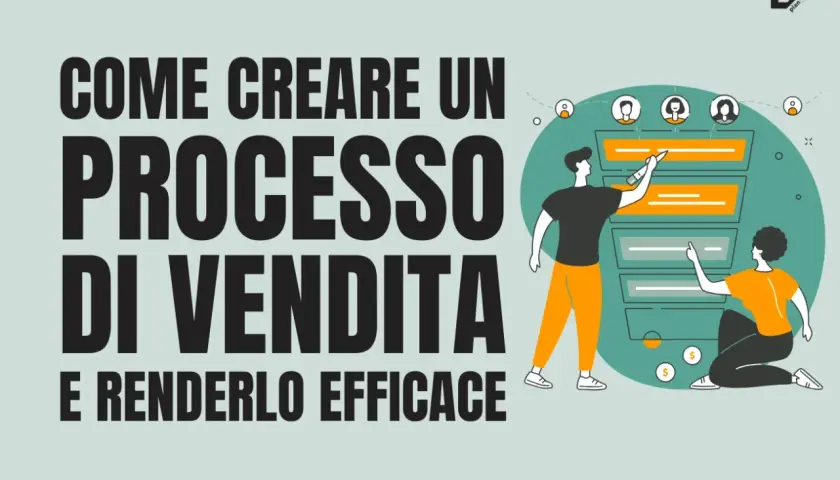 Illustrazione che mostra come creare un processo di vendita efficace, con persone che interagiscono con un funnel di vendita stilizzato.