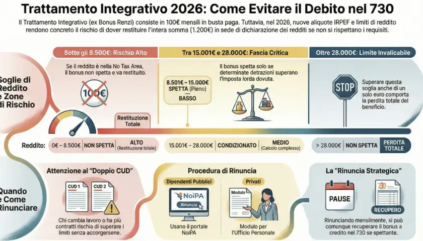 Il Trattamento Integrativo 2026: soglie di reddito e rischio di restituzione. Evitare il debito nel 730 con una gestione attenta.