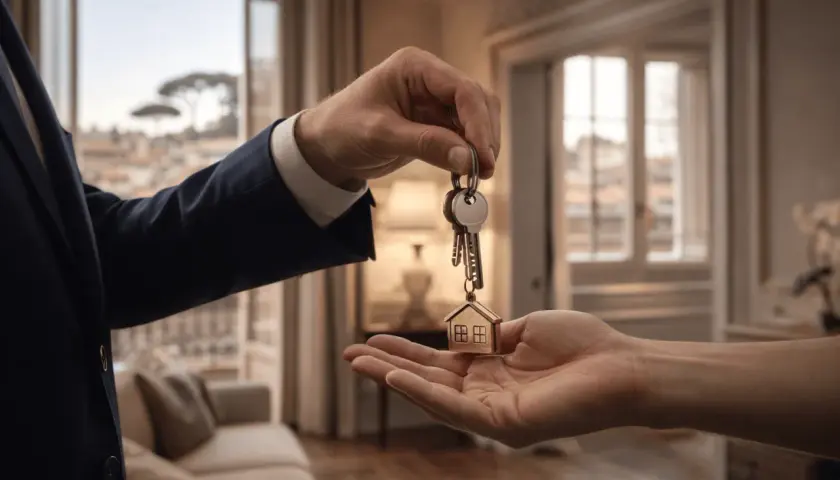 Consegna chiavi con ciondolo a forma di casa. Un passo importante per la percentuale gestione casa vacanze.