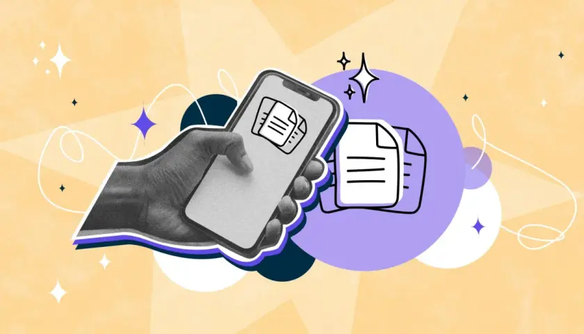 Mano che tiene smartphone per scannerizzare carta d'identità sulla stessa pagina. Icona di documento stilizzato.