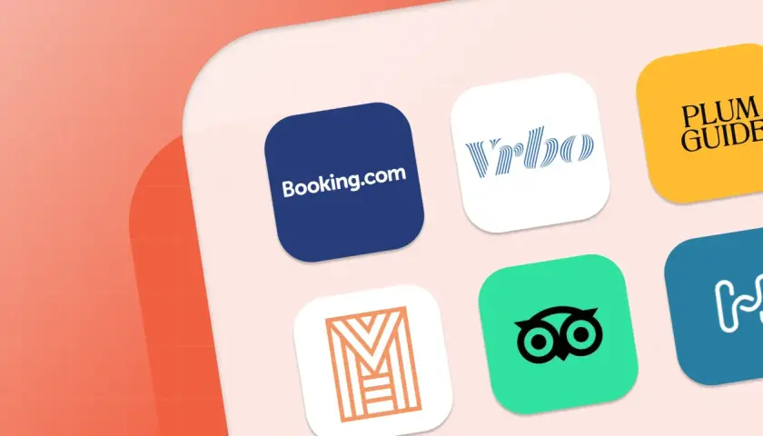 Loghi di piattaforme per prenotare alloggi: Booking.com, Vrbo, Plum Guide, e altre alternative ad Airbnb per trovare la tua prossima vacanza.