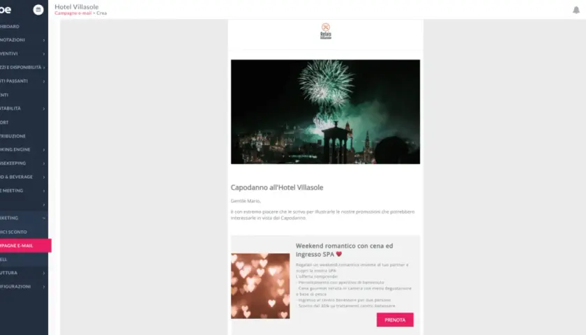 Anteprima di una campagna email per l'Hotel Villasole, con fuochi d'artificio e offerta SPA.