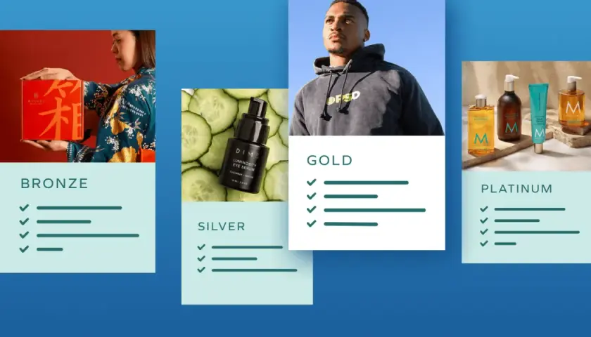 Livelli Bronze, Silver, Gold e Platinum per programmi fedeltà. Immagini di prodotti e persone associate a ciascun livello.