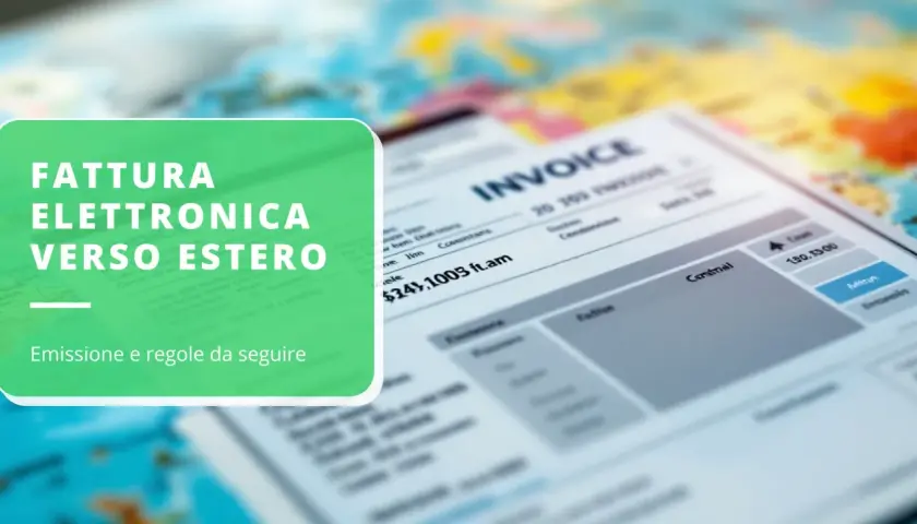 Fattura elettronica verso estero: emissione e regole da seguire. Un documento di fattura è visibile sullo sfondo di una mappa.