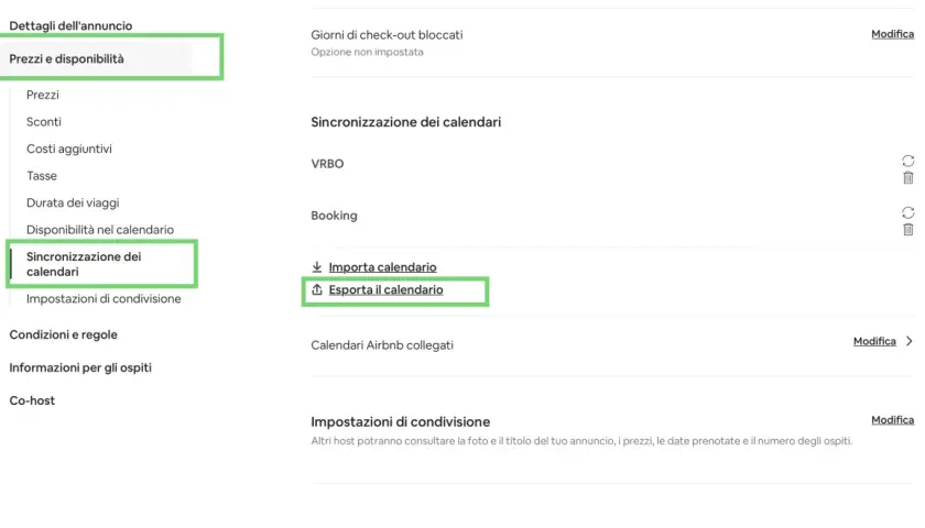 Schermata di gestione di un ical Airbnb. Selezionata la sincronizzazione dei calendari, con opzione per esportare il calendario.