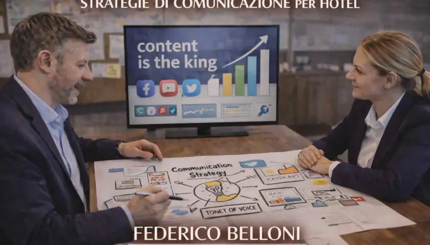 Uomini d'affari discutono strategie di comunicazione per hotel, con un diagramma di "Communication Strategy" e uno schermo che mostra "content is the king". Ottimi consigli di marketing.