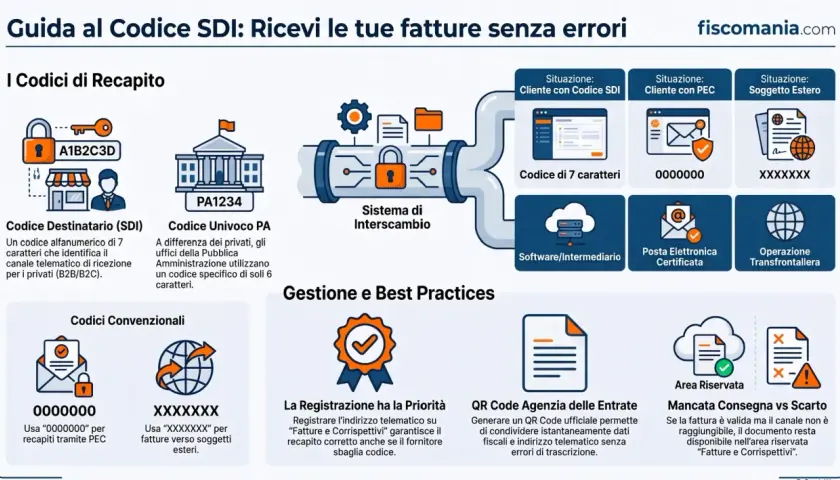Guida al Codice SDI: ricevi fatture senza errori. Illustra i codici di recapito, il Sistema di Interscambio e le best practices per la gestione delle fatture elettroniche.