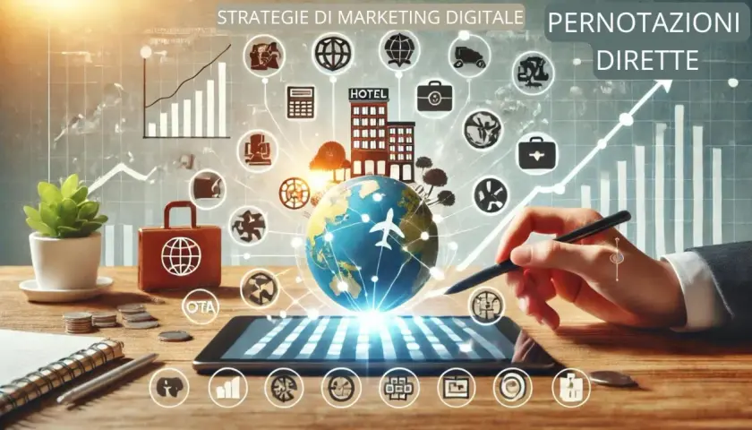 Strategie di marketing digitale per prenotazioni dirette: un globo terrestre con aereo, hotel e icone di business, con un tablet che mostra grafici e la scritta OTA.