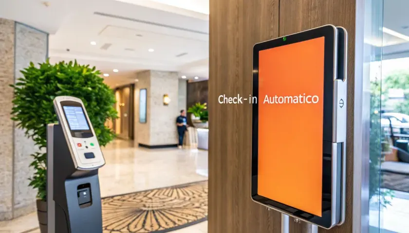 Un totem per il **smart check-in** in un hotel moderno. Un tablet mostra "Check-in Automatico" su sfondo arancione.