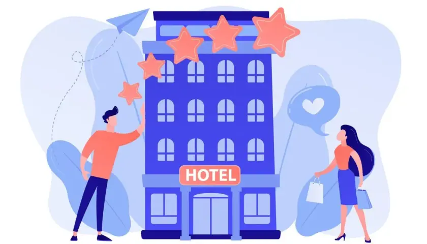 Un uomo aggiunge stelle a un hotel, mentre una donna con borse della spesa riceve un cuore in un fumetto. I requisiti hotel 3 stelle sono soddisfatti.