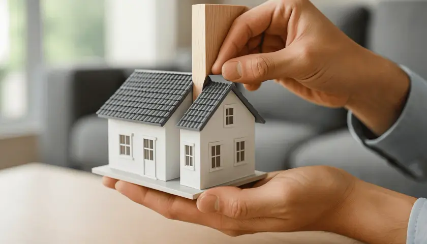 Mani che costruiscono un modello di casa, simbolo di un investimento immobiliare o di un futuro apart hotel.