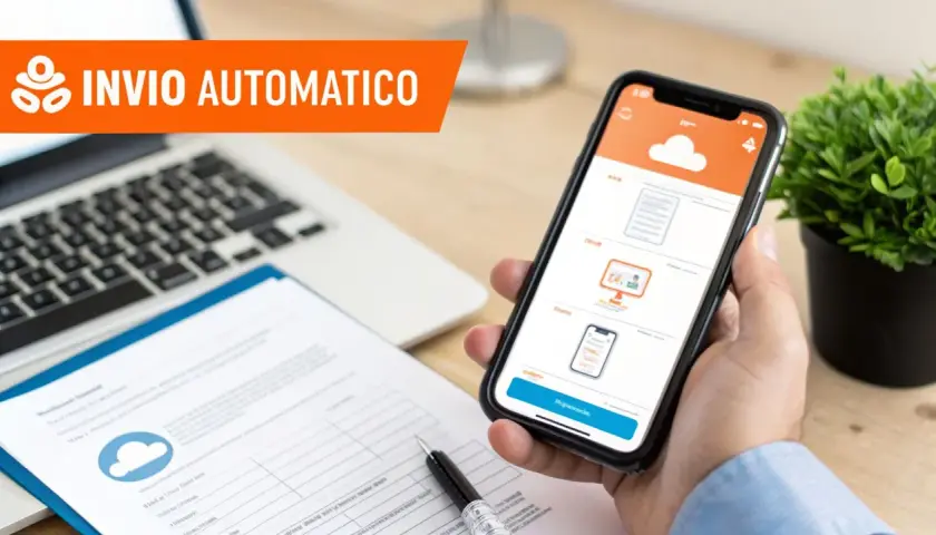 Mano che tiene uno smartphone con app per invio automatico, accanto a un laptop e documenti.