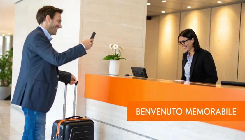Uomo con valigia fa check-in express, sorridendo alla receptionist. Un benvenuto memorabile.