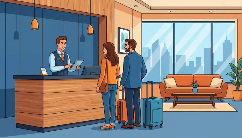 Coppia con valigie al check-in, il receptionist li accoglie. Istat alloggiati in hotel.