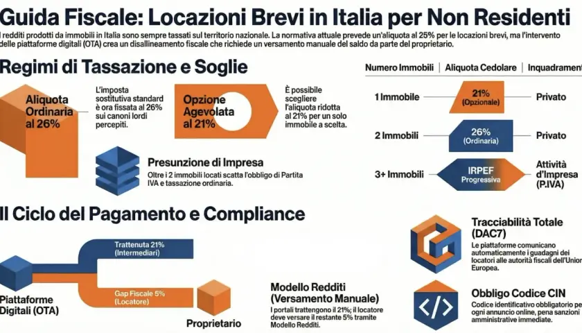 Guida fiscale per locazioni brevi: aliquota ordinaria 26%, opzione agevolata 21%. La tassa di soggiorno affitti brevi è gestita da piattaforme digitali.