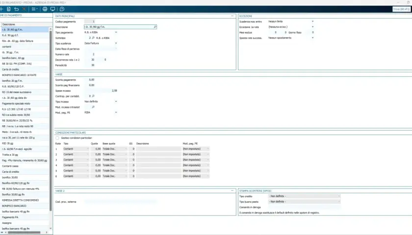Interfaccia software per la gestione delle forme di pagamento, con dettagli su codici, descrizioni e condizioni particolari. La rimessa diretta è una delle opzioni disponibili.